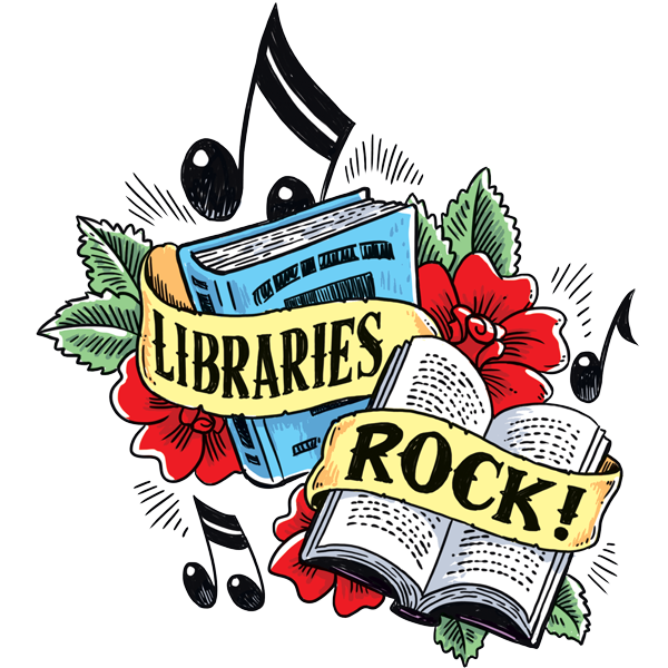 libraries rock banner in front of books