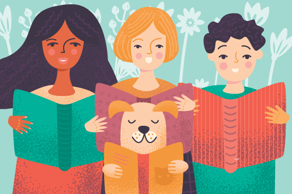 illustration of three people reading and a dog reading