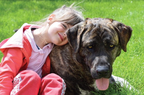 child sitting with dog