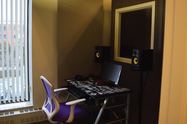 chair and desk in library's recording studio