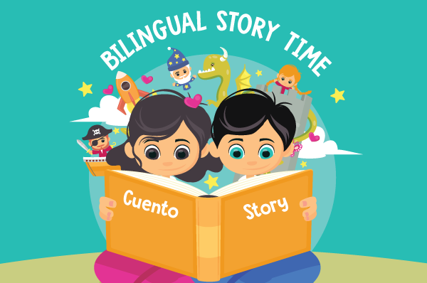 two children reading from a book with fantasy elements floating behind them
