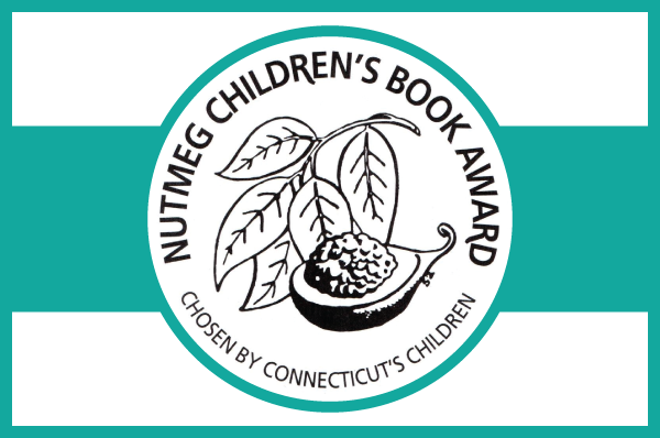 nutmeg book award logo of leaves and nutmeg illustration on teal band