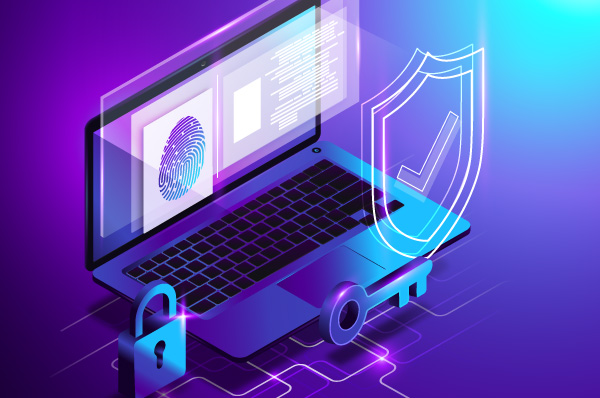 laptop with lock, key, and badge with checkmark hovering in front