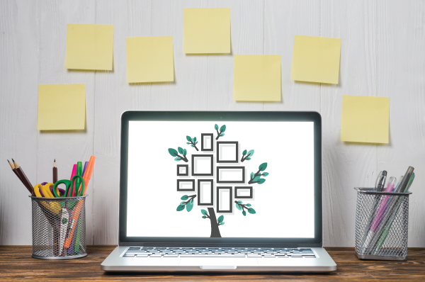 macbook with sticky notes behind and a family tree on the screen