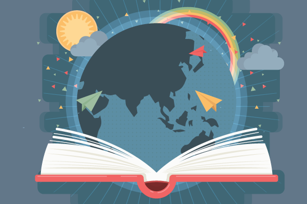planet emerging from book
