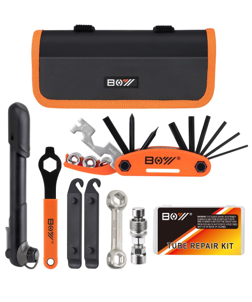 mini bicycle pump, bike multitool, crank extractor and wrench, bone wrench, tire lever, bike glueless patches set, and case