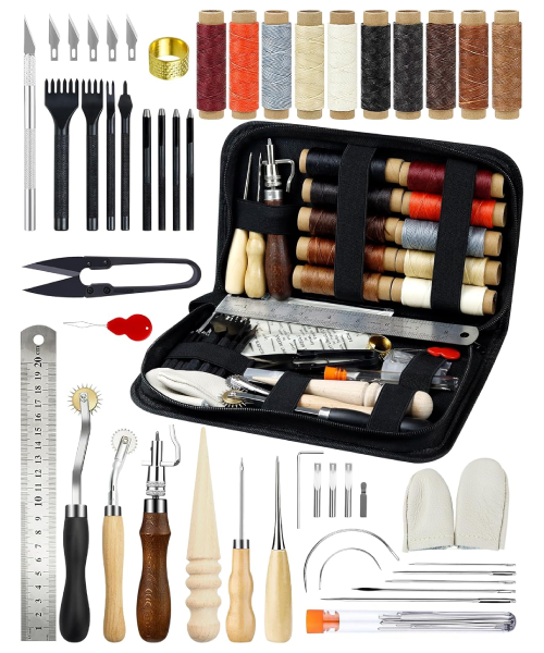 waxed thread, tracing wheels, awls, leather stitching chisel, hole punches, large-eye sewing needles, heavy-duty hand sewing needles, and case