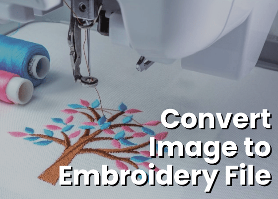 blue and pink thread next to an embroidered tree sitting on an embroidery machine with the text "convert image to embroidery file"