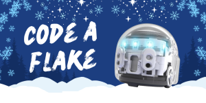 The text "Code a Flake" beside a circular ozobot in front of a wintery cartoon landscape.