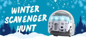 The text "Winter Scavenger Hunt" beside a circular ozobot in front of a wintery cartoon landscape.