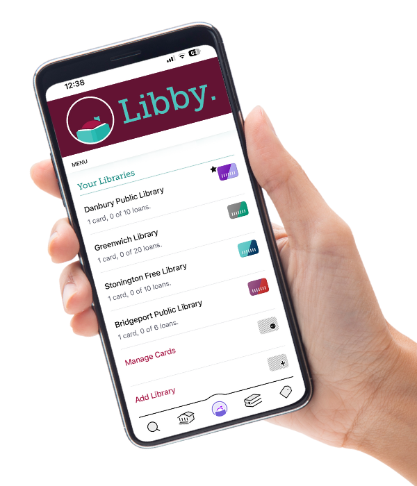 hand holding phone showing libby app interface with danbury, greenwich, stonington, and bridgeport libraries listed