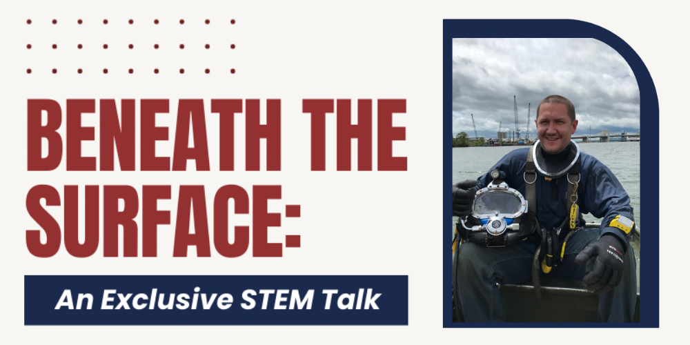Harrington in diving gear beside the text Beneath the Surface: An exclusive STEM talk