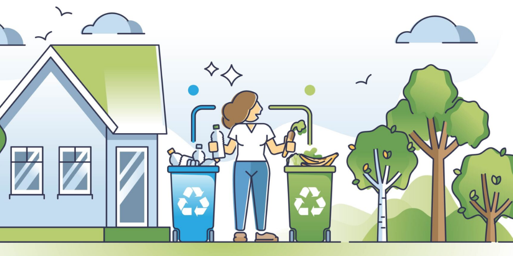 A girl in front of two recycling bins with a house to her left and trees to her right.