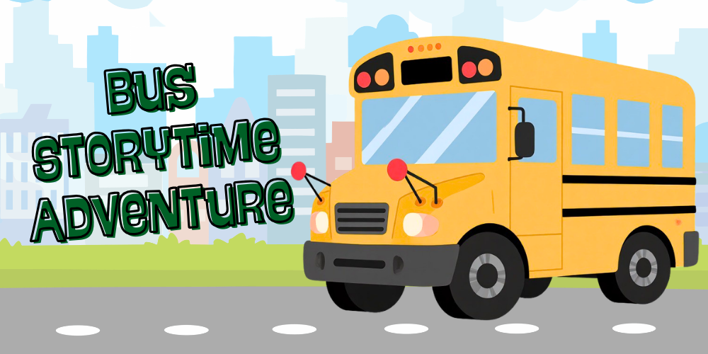 Yellow bus on a road with cityscape behind with text reads Bus Storytelling Adventure