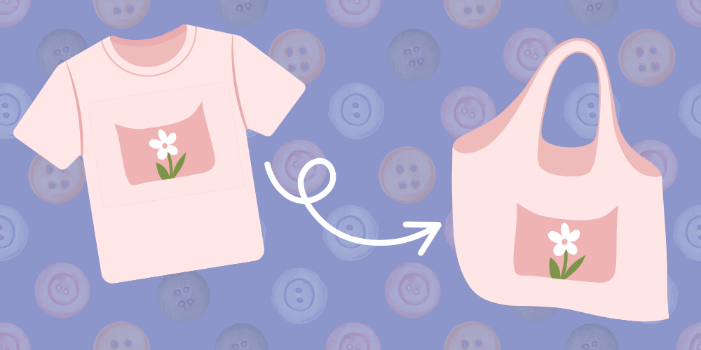 Shows a pink shirt with a flower connected to a pink bag with an arrow through a transformation arrow with purple background