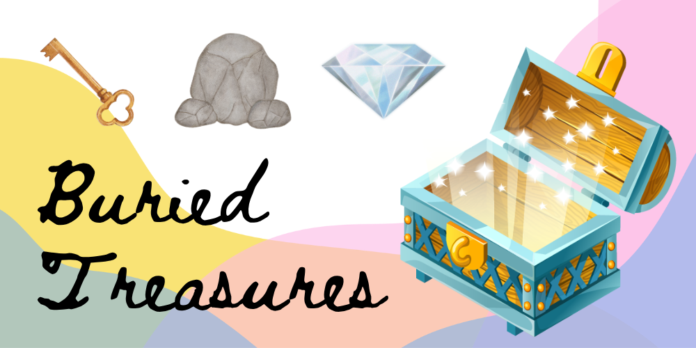 Black text Buried Treasures with a treasure chest, key, and diamond icon in the background