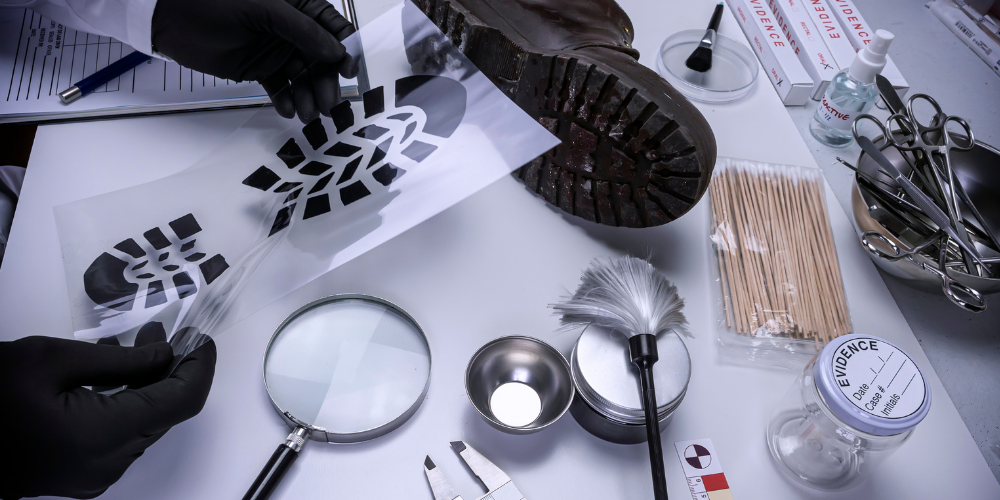 Detective images like magnifying glass, footprint, and swabs