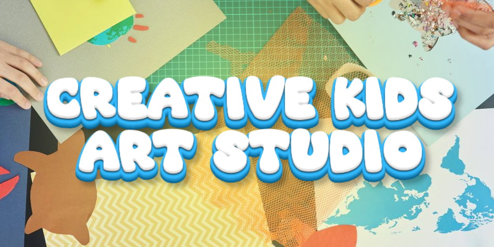 Creative Kids Art Studio text overlaying various craft supplies and hands drawing and cutting.