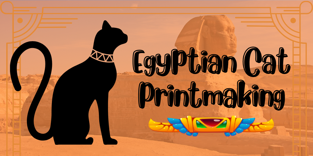 Egyptian Cat Printmaking with illustration of a black cat overlayed on an image of a sphynx