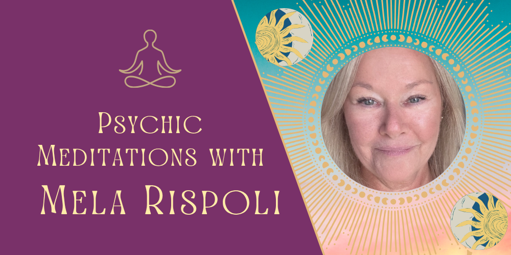 Text reads Psychic with Mela Rispoli in purple background, with her face on the other side in a green background.