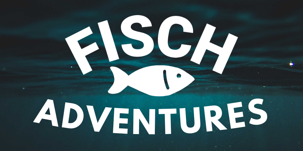 Fisch Adventures with a white illustration over a fish over a background of water