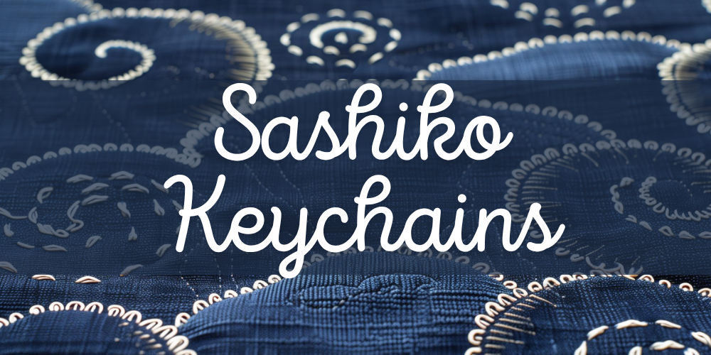 Blue swirly background reads Sashiko Keychains