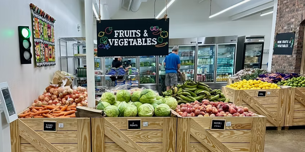 Grocery store with a sign that fruits and vegetables