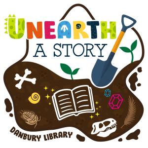 illustration of a shovel digging into dirt and underground objects; unearth a story, danbury library