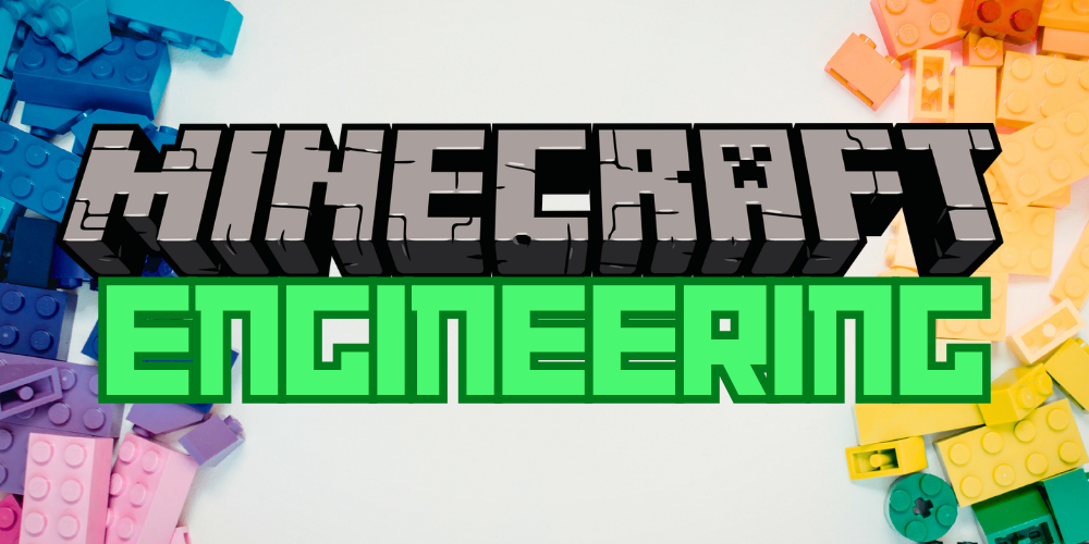 Rainbow lego bricks, says on either side Minecraft Engineering with minecraft logo in the text