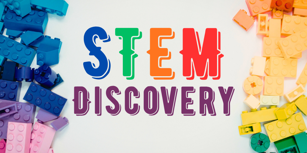 Rainbow Lego bricks on either side of text STEM Discovery