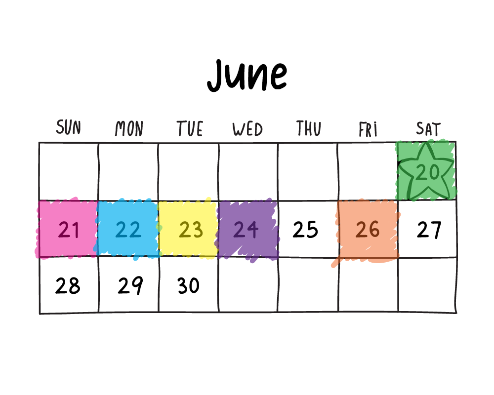 june calendar illustration with day boxes colored in