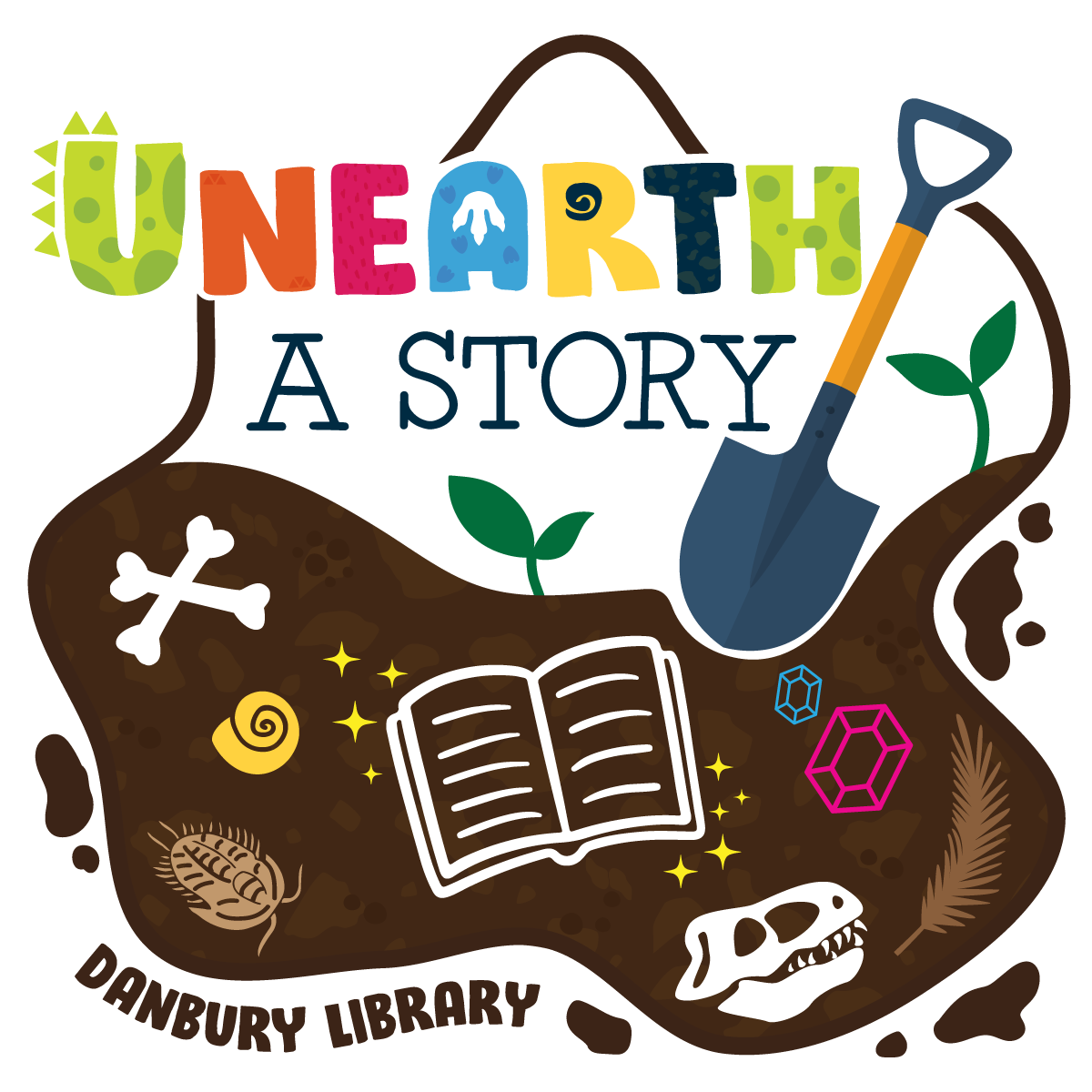 Unearth a Story Danbury Library. Illustration of digging underground.
