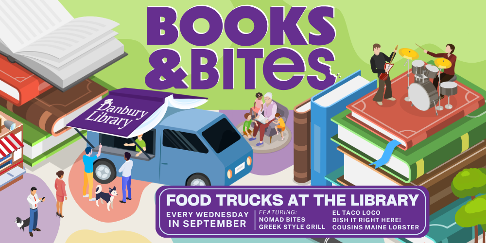 Cartoon drawing of a food truck and books