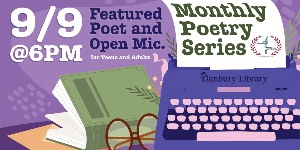Cartoon typewriter and book with Monthly Poetry Series text