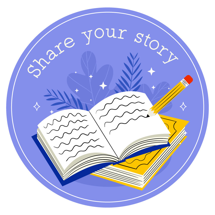 Share your story. Open book and pencil illustration.