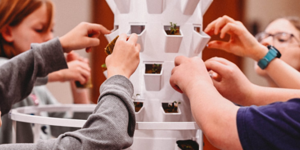 Children surrounding a tower garden