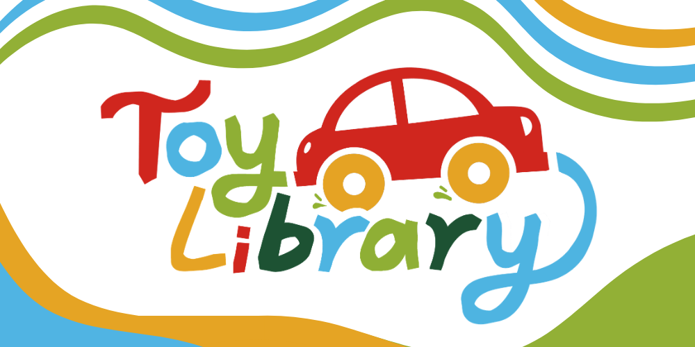 Toy Library text with a cartoon car and rainbow squiggles