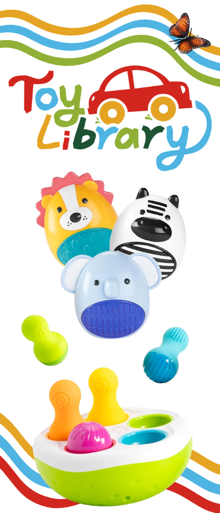 Toy library logo with butterfly, animal maracas, and spinny pin toys