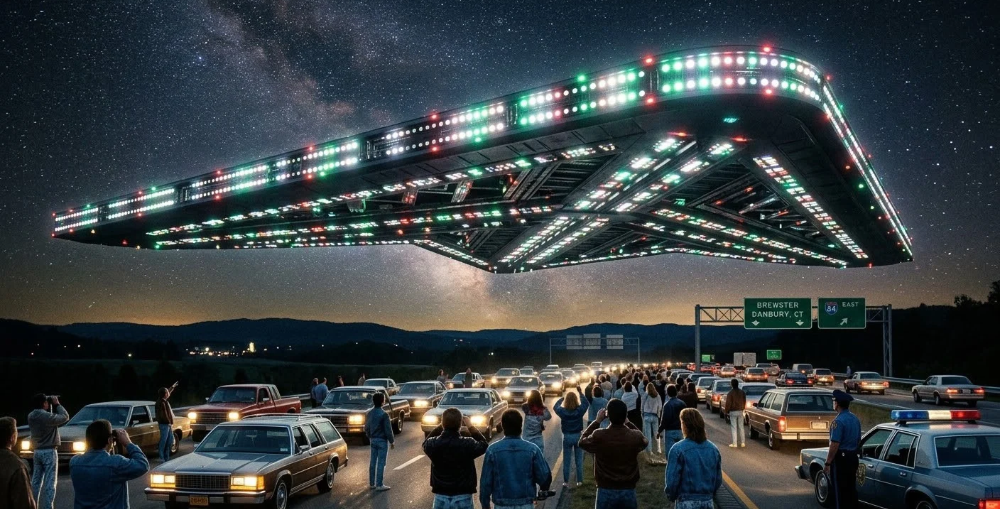 illustration of triangle shaped UFO over highway